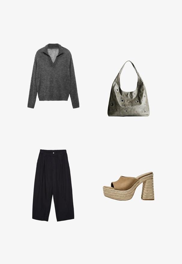 Grau gestrickter Pullover mit V-Ausschnitt und geripptem Saum. Besitzt eine lockere Passform und lange Ärmel, hergestellt aus weichem, strukturiertem Material.; Schwarze Polyester-Culotte mit einem elastischen Bund, zwei vorderen Falten und einer lockeren Silhouette. Keine sichtbaren Muster oder Hardware-Details.; Braune Wildleder-Plateau-Sandalen mit offenem Zeh, ausgestattet mit einem chunky geflochtenen Jute-Absatz und einem glatten, abgerundeten Oberdesign.; Olivgrünes Lederhandtäschchen mit einem lässigen Design, das verschiedene runde Ausschnitte in unterschiedlichen Größen und Akzente in dunkleren und helleren Farbtönen aufweist.