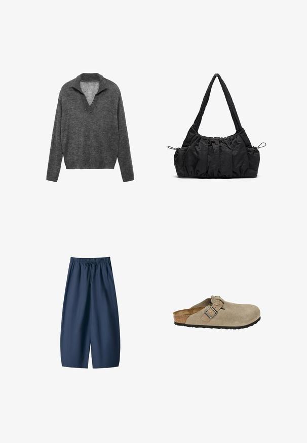 Maglione grigio a maglia con scollatura a V e orlo a costine. Caratterizzato da una vestibilità rilassata e maniche lunghe, realizzato in morbido materiale testurizzato.; Pantaloni corti blu navy in tessuto liscio, con vita elasticizzata e cordoncino, e due tasche laterali. Vestibilità ampia, design lungo fino al ginocchio.; Zoccoli in suede beige con punta arrotondata, cinturino regolabile e fibbia, suola intermedia in sughero e suola in gomma nera testurizzata per una migliore aderenza.; Borsa a tracolla in tessuto nero con texture arricciata, due manici e chiusura a coulisse sui lati. Materiale liscio e leggero.