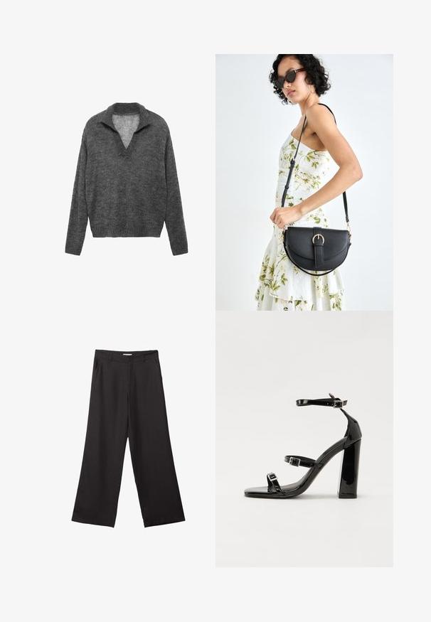 Harmaa neulepaita, jossa on V-mallinen kaula-aukko ja ribbineulehelmassa. Ominaisuuksiin kuuluu rento istuvuus ja pitkät hihat, valmistettu pehmeästä teksturoidusta materiaalista.; Mustat leveälahkeiset housut, jotka on valmistettu sileästä kankaasta. Niissä on edessä vetoketju ja kaksi sivutaskua, ja niiden muotoilu on räätälöity ja minimalistinen.; Musta kiiltävä korkokenkä sandaalit neliönmuotoisella varpaalla, nilkkaremmillä ja hopeisilla soljilla. Varustettu tukevalla lohkokorkealla vakauden takaamiseksi.; Musta nahkainen käsilaukku, joka on kaareva muotoilultaan, irrotettavalla hihnalla ja kultaisilla yksityiskohdilla. Laukussa on läppä, jossa on solk yksityiskohta.