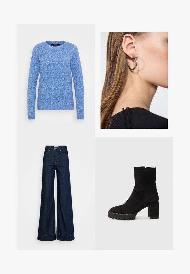 Μπλε πουλόβερ με μακριά μανίκια, στρογγυλή λαιμόκοψη, υφή πλεκτής σχεδίασης και ριμπ τελειώματα στους σφιγκτήρες και το στρίφωμα. Ελαφρύ ύφασμα με απαλή υφή.; Σκούρες μπλε ψηλόμεσες φαρδιές τζίν με μπροστινές τσέπες, θηλιές ζώνης, κλείσιμο με κουμπί και ορατές ραφές σε λευκό φόντο.; Μαύρες μποτίνες μέχρι τον αστράγαλο από σουέτ, με τετράγωνη μύτη, χοντρό τακούνι και υφή από λάστιχο, με ζιγκ ζαγκ λεπτομέρειες. Λείο φινίρισμα.; Ασημένιο σκουλαρίκι κρίκος με γυαλιστερή φινίρισμα, που διαθέτει μικρές χρυσές λεπτομέρειες και στρογγυλό σχήμα, φορεμένο στον λοβό.
