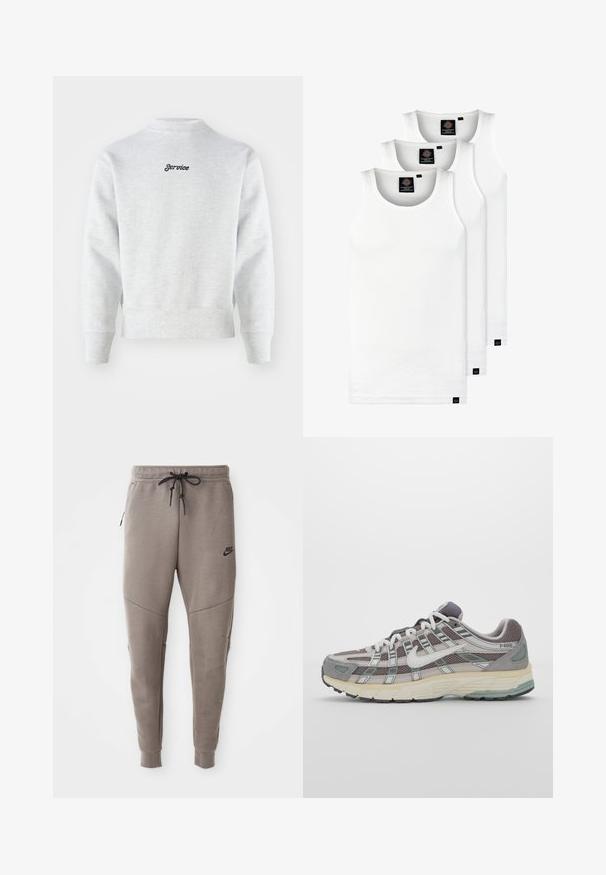 Šedá fleecová mikina s vysokým límcem, žebrovanými manžetami a spodním lemem. Na horní části zad je černě vyšitý nápis "Service". Jednoduchá textura.; Tři bílé žebrované tílka vyrobené z bavlny. Mají kulatý výstřih a malé černé štítky poblíž lemu. Dostupné v několika velikostech.; Šedé Nike tepláky s elastickým pasem na šňůrku, zúženými nohavicemi, bočními kapsami a charakteristickým švem. Měkká, strukturovaná tkanina.; Šedá sportovní obuv s vrchní částí z mikrovlákna a semiše, bílými akcenty, polstrovanou podrážkou a jedinečným designem s reflexními prvky.