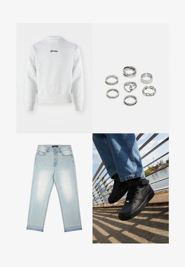 Grå fleece-tröja med hög halsringning, ribbade ärmslut och nederkant. "Service" är broderat i svart på den övre delen av ryggen. Enfärgad textur.; Pegador BARROW - Löst sittande jeans - sand washed blue; Svarta Nike Air Force 1-sneakers med läderöverdel, mesh-tunga och gummisula, med en hög design och tjocka snören.; Set med sju silverringar med olika mönster, inklusive vridna, länkade och graverade mönster. Olika former och bredder.