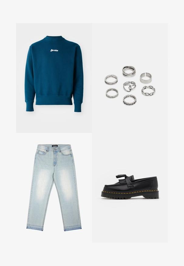 Teal sweatshirt with ribbed cuffs and hem, featuring a white embroidered "Service" logo on the upper back. Soft texture and crew neck design.; Pegador BARROW - Loose Jeans - sand washed blue; Black leather loafer with a tasseled accent, featuring a chunky black sole and yellow stitching along the edge. Textured finish.; Set of seven silver rings featuring various designs, including twisted, linked, and engraved patterns. Different shapes and widths.