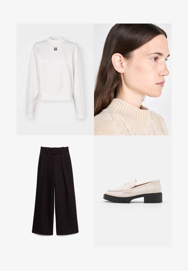 HUGO DAXANDRIA - Sweatshirt - natural; Black wide-leg trousers made of smooth fabric, featuring a high waist, belt loops, and two front pockets. Pleated design adds texture.; Light beige leather loafers with a stitched front and a textured black platform heel. Features a curved design and a slight elevation.; Gold hoop earring featuring a delicate design with small, embedded stones. The model wears a cream knit sweater with a ribbed collar.