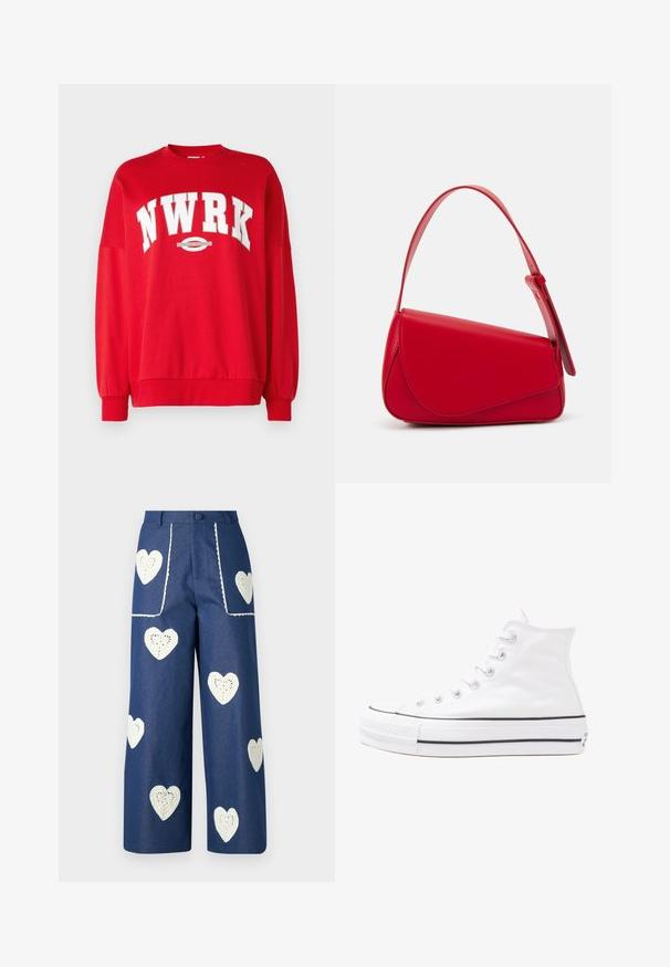 Piros kapucnis pulcsi feltűnő fehér felirattal "NWRK" és egy kör alakú logóval. Bordás mandzsetták és nyak; puha anyag, laza szabással.; Sister Jane HEART TO HEART - Egyenes szárú farmer - blue denim; Fehér magaskorsó vászon sportcipő fekete gumi talppal, elülső gumi orrnyereggel és hat fűzőlyukkal, letisztult, minimalista dizájnnal.; Piros bőr kézitáska szögletes, geometrikus kialakítással. Egy állítható pánttal és varrott részletekkel ellátott fedélzárral rendelkezik.