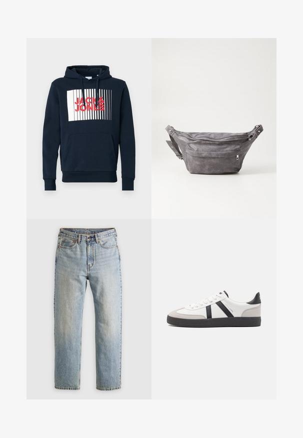 Marinblå bomullshoodie med en framfickan i kengurustil, snörning i huvan och en vit rektangulär grafik med fet röd text "JACK & JONES."; Ljusblå denimjeans med hög midja, framknäppning, dragkedja och femficksdesign, placerade platt på en neutral bakgrund.; Vit sneaker med svarta och grå accenter, med en strukturerad grå tådel, svart gummisul, och platta vita skosnören. Ren design, minimalistisk stil.; Grå mockafjällsryggsäck med rundad form, två fickor med dragkedja och justerbart bälte. Har metallackenter som detaljer.