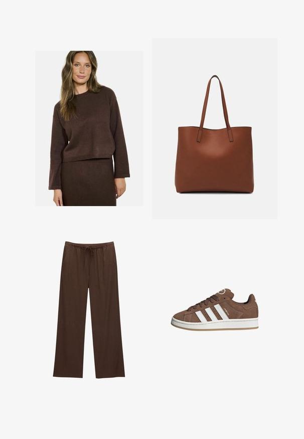 Hnedý pletený sveter s dlhými rukávmi a okrúhlym výstrihom, s kratším strihom a jemnými textúrovanými akcentmi po celom povrchu.; Hnedé nohavice s širokými nohavicami vyrobené z mäkkej tkaniny, so sťahovacím pásom a dvomi bočnými vreckami.; Hnedé semišové tenisky s bielymi koženými pruhmi, gumovou podrážkou, okrúhlou špičkou a šnurovaním. Obsahujú logo na jazyku a perforované akcenty.; Hnedá kožená taška na rameno s hladkou textúrou, otvoreným vrchom a dvoma ramenými popruhmi. Má minimálne šitia a žiadne viditeľné kovania.