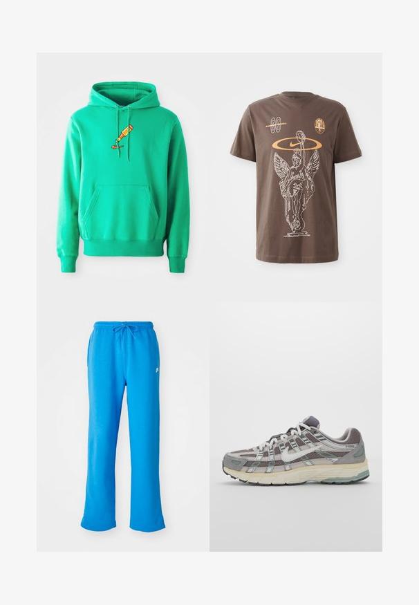 Žalia pūkinė striukė, pagaminta iš minkštos medžiagos, su priekinia kišene ir tuo pačiu metu krūtinėje užrašytu dažų tūbelės logotipu.; Ruda medvilninė marškinėliai su balta kontūrine grafika, vaizduojančia sparnuotą statulą, Nike logotipu ir abstrakčiais raštais oranžine spalva, trumpomis rankovėmis ir apvaliu kaklu.; Mėlyni sportiniai džinsai, pagaminti iš minkštos medžiagos, turintys laisvą siluetą, elastingą liemenį su raišteliu ir mažą baltą logotipą kairėje pusėje.; Pilkas sportinis batas su tinklu ir zomšos viršutine dalimi, baltomis detalėmis, paminkštintu padu ir išskirtiniu dizainu su atspindinčiais elementais.