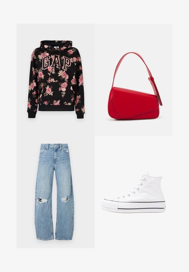 Schwarzer Hoodie mit pinkem und beigem Blumenmuster, großen rosa umrandeten "GAP"-Buchstaben auf der Vorderseite, Kängurutasche und Kapuze mit Kordelzug.; Helles, hochtailliertes Jeans aus Denim. Hat weit geschnittene Beine, zwei aufgerissene Kniebereiche und klassischen Fünf-Taschen-Stil.; Weiße hochwertige Leinensneaker mit schwarzer Gummisohle, vorderem Gummizehenschutz und sechs Ösen für Schnürsenkel, die ein sauberes, minimalistisches Design aufweisen.; Rote Lederhandtasche mit einem kantigen, geometrischen Design. Verfügt über einen verstellbaren Schulterriemen und einen Klappenverschluss mit genähten Details.