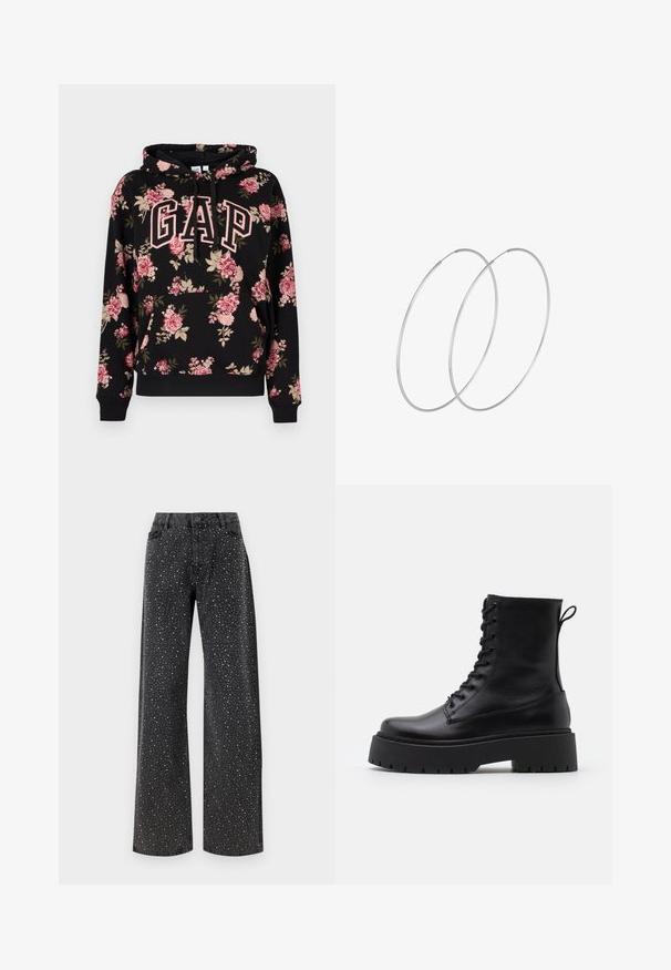 Must roosa ja beežide lillemustritega kapuutsiga pusa, esiküljel suured roosakad kontuuriga "GAP" tähed, kängurutasku ja paelaga kapuuts.; Noisy May NMJANNEL LOOSE - Avar lõikega teksad - black denim; Mustad mustad nahast pahkluu saapad ümarate varvastega, nööridega esiosas ja paksu kummist talla ning tekstuuritud mustriga. Tagumine tõmbeaas.; Hõbedased rõngastikkaehingad minimalistlikus disainis. Ümar kuju, sile tekstuur ja õhuke profiil. Kerged ning poleeritud viimistlusega.