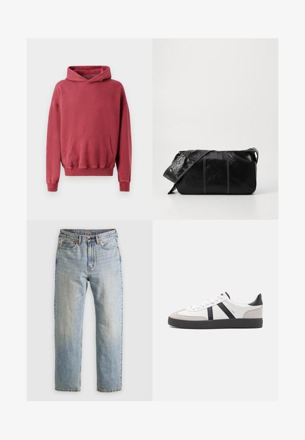 Pulover cu glugă roșie, cu un buzunar frontal, confecționat dintr-un material moale. Prezintă manșete și o talie ribanate, cu o croială lejeră și detalii minime.; Jeans din denim de culoare albastru deschis, cu talie înaltă, nasture frontal, fermoar și design cu cinci buzunare, așezate platesc pe un fundal neutru.; Sneaker alb cu accente negre și gri, având un capac de vârf gri texturat, talpă din cauciuc negru și șireturi plate albe. Design elegant, stil minimalist.; Geantă de umăr din piele neagră cu închidere cu fermoar, având un corp texturat, cusături albe și o curea cu ochiuri argintii.