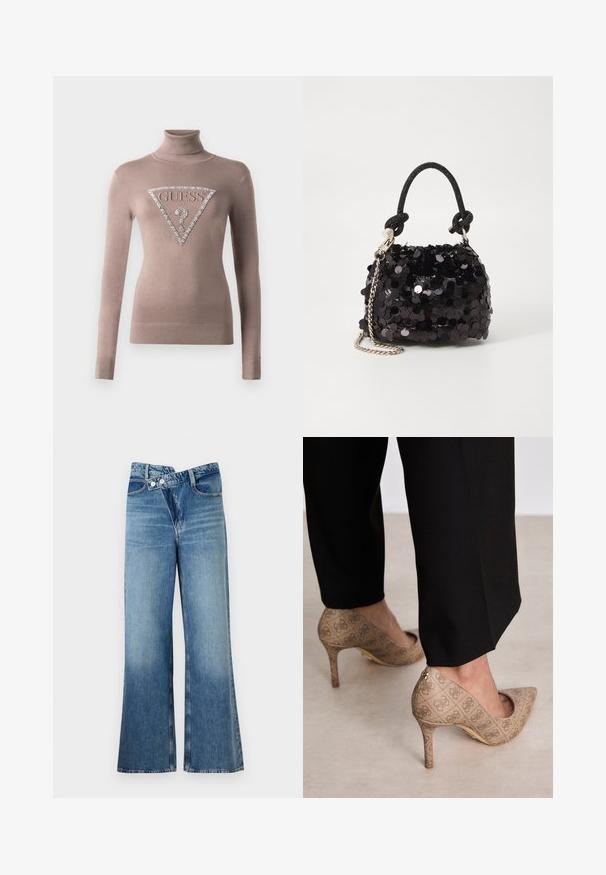 Mauve coltrui met lange mouwen en geribbelde manchetten; de voorkant heeft een groot driehoekig 'GUESS' logo versierd met rhinestones.; Lichtblauwe flared jeans met een hoge taille, voorzien van twee knopen en voorzakken. De stof heeft een vervaagde textuur met subtiele variaties.; Beige hoge hakken met een gestructureerde stof met een herhalend patroon. Puntige neusontwerp met een achteraccent en gouden hakdetail.; Zwarte pailletten mini handtas met een geknoopte textuurriem en zilveren ketting. Rondvormig met een geplooide bovenkant en reflecterende details.