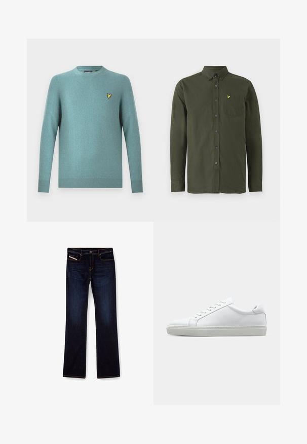 Mėlynes žalios spalvos minkštos medžiagos megztinis su apvalia iškirpte, ilgomis rankovėmis ir rauktu apačios kraštu. Ant krūtinės siuvinėtas geltonas logotipo akcentas.; Tamsiai žalia ilga rankovė marškinėliai su mygtukais, mygtukų užsegimu, krūtinės kišenių ir mažas geltonas siuvinėtas paukščio logotipas ant kišenės.; Tamsiai mėlynos džinsinės kelnes su tiesiu kirpimu, su oranžiniu siuvu, užtrauktuku ir priekinėmis kišenėmis. Lygi tekstūra ir standartinė juosmens dalis.; Baltas sportinis batelis su lygiu odiniu paviršiumi ir žemu profiliu. Turi suapvalintą pirštą, šešis akių skyrius ir tekstūruotą gumos padą.