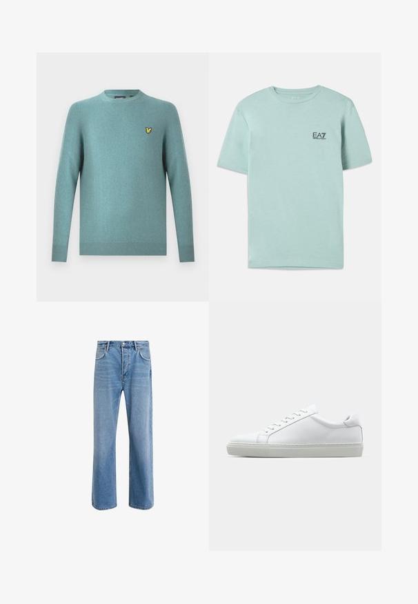 Pulover cu gât rotund din material moale teal, cu mâneci lungi și tiv cu striuri. Accent logo galben brodat pe piept.; Tricou verde mentă deschis, din bumbac, cu mâneci scurte și gât rotund, având un mic logo EA7 negru pe piept.; Jeans din denim bleu deschis cu un design drept, cinci buzunare, închidere cu buton, decolorare minimă și detalii de cusătură în contrast.; Adidași albi cu o suprafață din piele netedă și un profil jos. Au un vârf rotunjit, șase orificii pentru șireturi și o talpă din cauciuc texturată.