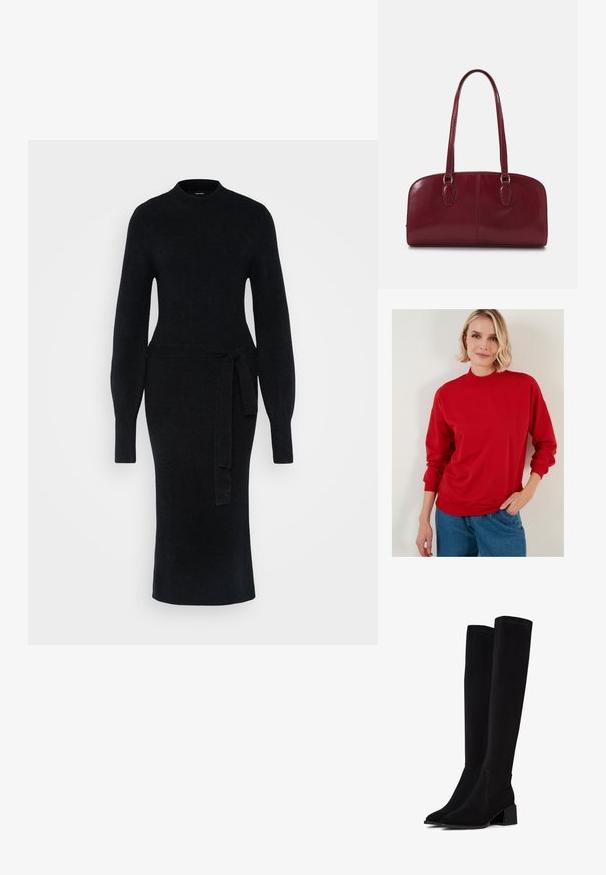 LELA HIGH COLLAR - Felpa - red; Abito nero in maglia caratterizzato da maniche lunghe, scollo alto e una cintura in vita. La silhouette è aderente, con un orlo midi dritto.; Stivali neri sopra il ginocchio realizzati in materiale morbido e testurizzato. Presentano un tacco a blocco, punta affusolata e dettagli di cucitura visibili.; Zign LEATHER - Borsa a mano - dark red