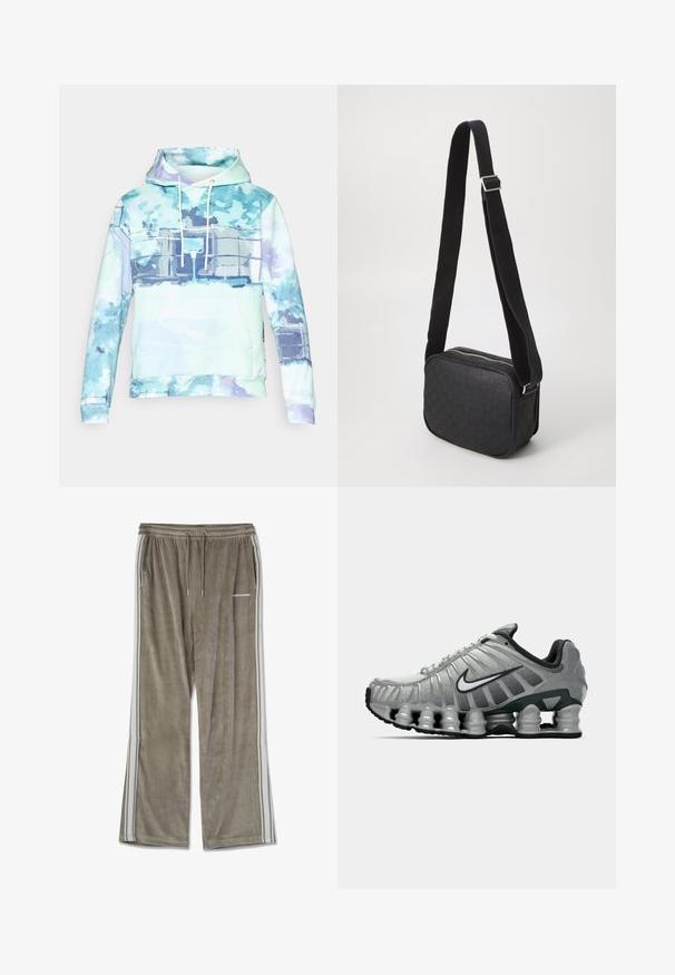 Kapucna majica v pastelnih barvah s akvarelnim vzorcem. Ima sprednji žep in bele vrvice. Narejena je iz mehkega materiala.; Kordurojske trenerke v svetlo rjavi barvi, z ohlapnim krojem, belimi stranskimi črtami in elastičnim pasom z nastavljivim vrvico.; Sive in črno Nike tekaška čevelj s vidno vzmetno blaženje pod podplatom in belim logotipom swoosh na strani.; Črna torbica čez ramo z vzorcem teksturiranega usnja, pravokotne oblike, z zapiranjem na zadrgo in kontrastnim tkaninskim trakom.