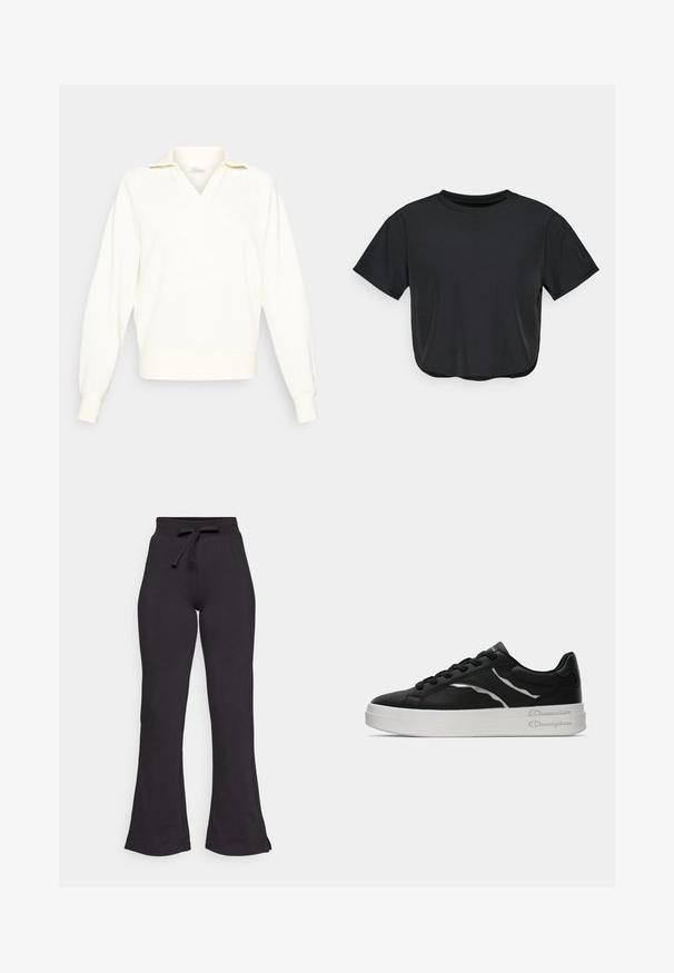 Hvit genser med V-hals og kort krage. Har lange, lett puffete ermer og ribbestrikkede mansjetter i kanten.; Svart croppet t-skjorte laget av mykt materiale, med rund halsutskjæring, korte ermer og en avslappet passform. Subtile sømdetaljer.; Sorte, utsvingte joggebukser laget av mykt stoff, med strikk og knyttebånd i livet og en glatt tekstur. Designet for komfort og enkel bruk.; Sorte lærersneakers med hvit såle, med tynne sølvdetaljer og snøring. Glatt tekstur med merkevaredetaljering på hælen.