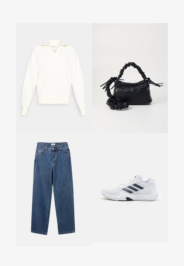 Vit sweatshirt med V-ringning och kort krage. Har långa, något puffiga ärmar och ribbade muddar vid fållen.; Klassiska blå denimjeans med rak benform, fem fickor och knäppning. Har en medelblå tvättning och stadig textur.; Vit sportskor med mesh-överdel, tre svarta ränder på sidan, texturerade detaljer och en stadig gummisula med en kontrasterande svart del.; Svart faux läderhandväska med krokodiltextur, snodd topp och en skrämd rem. Ser mjuk och kompakt ut i designen.
