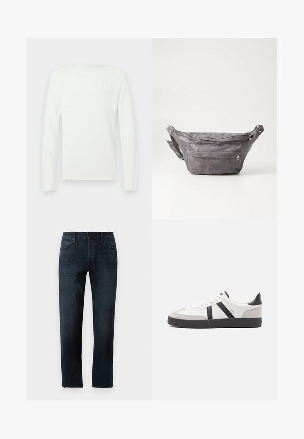 Hvid langærmet crew neck sweater med en simpel, glat tekstur og en tætsiddende silhuet.; Mørkeblå jeans lavet af denimstof, med et lige ben-design, en frontknap- og lynlås-lukning samt fem lommer.; Hvide sneakers med sorte og grå detaljer, med en tekstureret grå tåhætte, sort gummisål og flade hvide snørebånd. Rent design, minimalistisk stil.; Grå suedefanny pack med en rund form, to lynlåslommer og justerbart strop. Har metalhardware detaljer.