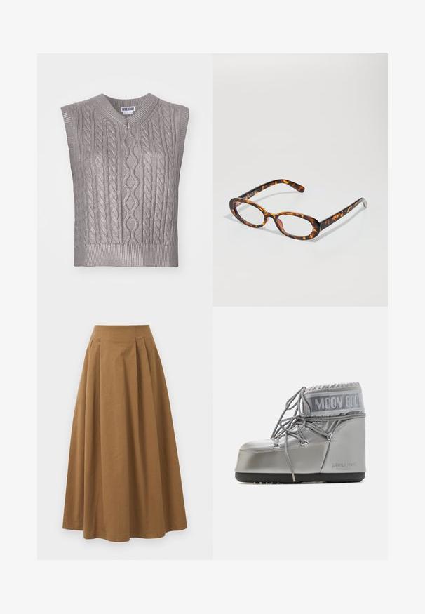 Mouwloze grijze kabelgebreide trui met V-hals, met gestructureerde patronen, ribgebreide zoom en een label met de tekst "WEEKDAY" bij de hals.; Witte overhemd met knopen van glad katoen, met een klassieke kraag, lange mouwen en een afgeronde zoom. De knopen zijn klein en wit.; Bruine katoen A-lijn rok met een hoge taille, voorzien van plooien aan de voorkant en een gladde textuur. De zoomafwerking is schoon en eenvoudig.; Zilveren waterdichte boot met een afgeronde vorm, een gestructureerde afwerking en grijze veters. Kenmerkt zich door een opvallend "MOON BOOT" logo op het bovenste deel.; Schildpadbril met ovale glazen, voorzien van een glanzende afwerking, slanke armen en subtiele patronen die lijken op de strepen van een tijger.