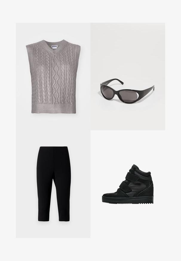 Pulover gri fără mâneci, tricotat cu cablu, cu decupaj în V, prezentând modele texturate, o margine răsucită și o etichetă cu inscripția "WEEKDAY" la guler.; Tricou negru cu mânecă scurtă, confecționat din bumbac fin. Are un decolteu rotund și un design ajustat, fără modele sau grafică vizibilă.; Pantaloni capri negri, confecționați dintr-un material elastic, cu un design ajustat care se oprește imediat sub genunchi, având o textură netedă și fără cusături vizibile.; Tenisi negri cu glezna înaltă, din suede și plasă, cu benzi Velcro, un finisaj neted și o talpă din cauciuc texturat pentru aderență.; Ochelari de soare negri cu lentile ovale și un design elegant. Ramele sunt lucioase și largi, având un detaliu decupat pe laterale.; Geantă din piele neagră, cu mânere împletite, buzunar cu fermoar și ciucuri suspendați. Suprafață texturată cu capse metalice și accente din metal.