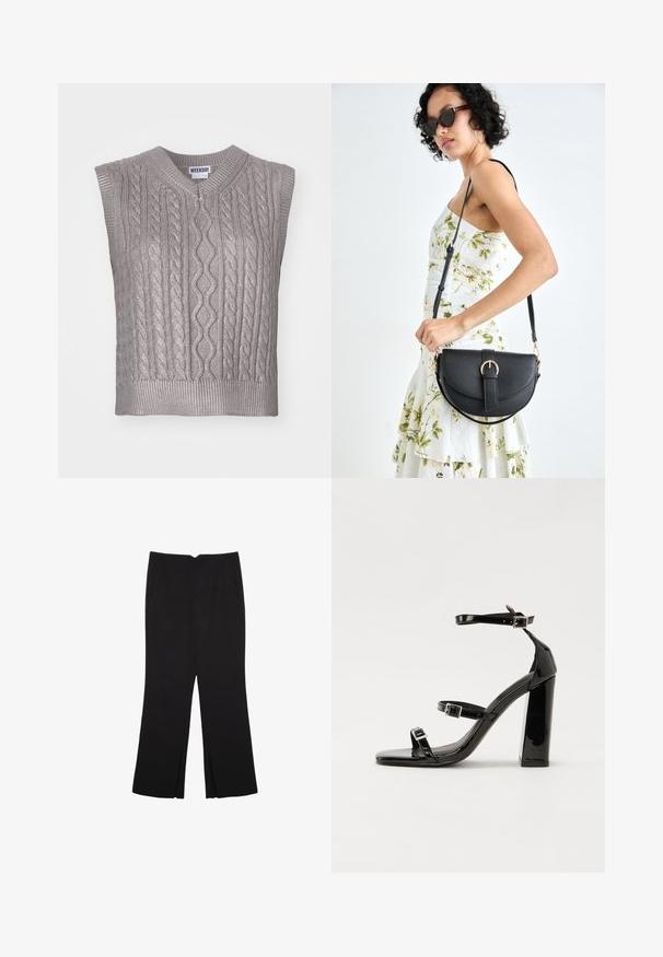 Beżowy, bezrękawnikowy sweter w warkoczowy splot z dekoltem w kształcie litery V, z teksturowanymi wzorami, prążkowanym dołem oraz metką z napisem "WEEKDAY" na dekolcie.; Czarne spodnie o prostym kroju, z przednimi kieszeniami i bocznymi rozcięciami na dole. Wykonane z miękkiego, gładkiego materiału. Odpowiednie na różne okazje.; Czarne lakierowane sandały na obcasie z kwadratowym noskiem, z paskami wokół kostki i srebrnymi klamrami. Posiadają masywny słupek dla stabilności.; Czarna skórzana torebka o zakrzywionym kształcie, z odpinanym paskiem i złotymi akcentami. Torebka posiada klapę z zapięciem w kształcie klamry.