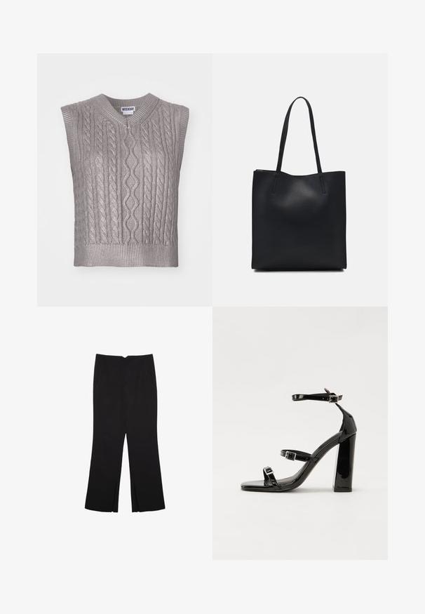Sivkasta bezrukavna vesta s pletenim uzorkom i V-izrezom, koja sadrži teksturirane uzorke, rebrasti rub i oznaku "WEEKDAY" na izrezu.; Crne hlače ravnog kroja, s prednjim džepovima i bočnim prorezima na rubu. Izrađene od mekog i glatkog materijala. Pogodne za razne prigode.; Crne lakirane sandale na visoku petu s dva remena s kopčama, kvadratnim vrhom i masivnom blok petom, s glatkom, sjajnom teksturom.; Crna kožna torba za nošenje s glatkom teksturom, pravokutnim oblikom i dvije duge ručke. Nema vidljivih metalnih dijelova ili ukrasa.