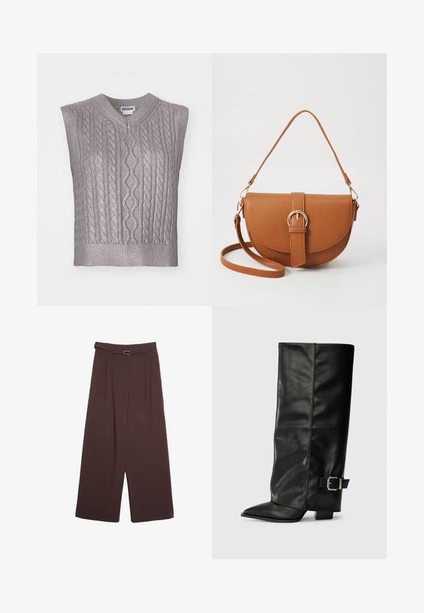 Ärmlös grå kabelstickad tröja med V-ringning, med texturerade mönster, ribbad nederkant och en etikett med texten "WEEKDAY" vid halsringningen.; Stradivarius WIDE-LEG WITH BUCKLE DETAIL - Tygbyxor - dark brown; Svarta läderstövlar i ankellängd med spetsig tå, slät yta och en silverfärgad spänne på sidan. Kraftig fyrkantig klack.; Brun läder crossbody-väska med en böjd form, gyllene detaljer och en spänneaccent. Har en avtagbar axelrem.