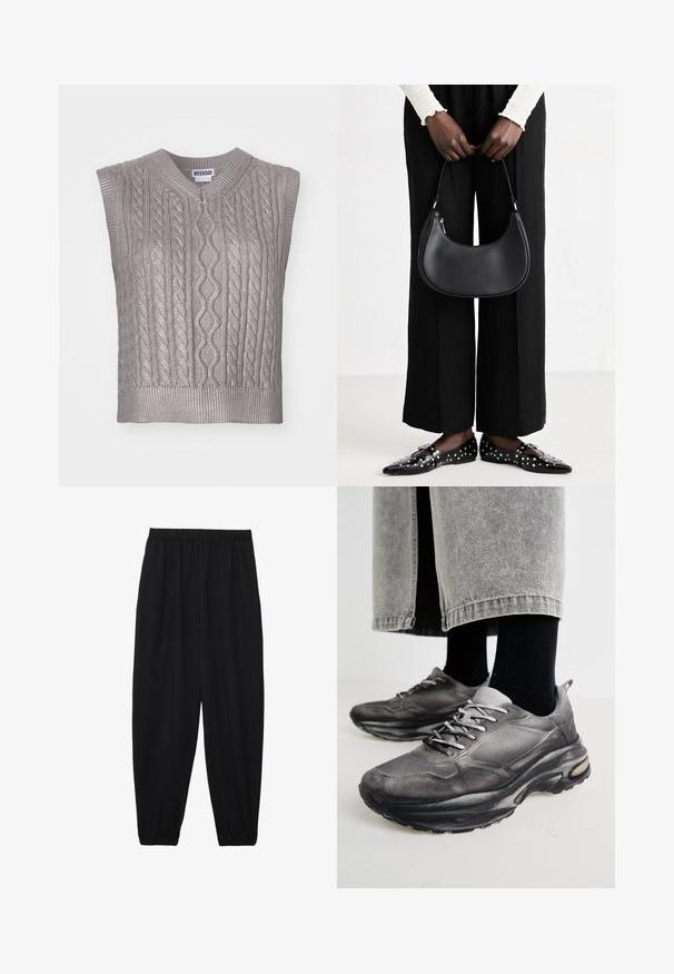 Sleeveless gray cable knit sweater with a V-neck, featuring textured patterns, ribbed hem, and a label reading "WEEKDAY" at the neckline.; Black, lightweight pants with an elastic waistband and gathered ankles. The fabric is smooth and features a relaxed, tapered design.; Black and gray athletic shoes feature a mesh upper, thick soles, and laces. They have a rounded toe and visible cushioning detail.; Black leather shoulder bag with a rounded shape, glossy finish, and silver hardware. Person wearing black wide-leg pants and studded loafers.
