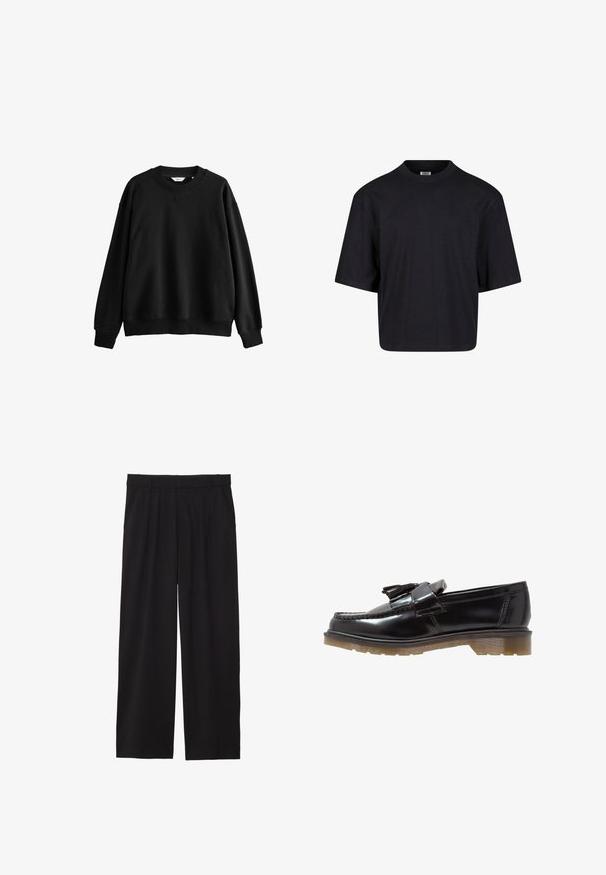 Schwarzer Sweatshirt aus Baumwollmischung, mit rundem Ausschnitt, überschnittenen Schultern, gerippten Bündchen und einem lässigen, kastigen Schnitt.; Schwarzes Baumwoll-T-Shirt mit Rundhalsausschnitt, kurzen Ärmeln und oversized Passform. Glatte Textur und minimalistisches Design. Keine sichtbaren Logos.; Schwarze, weite Hose mit gefälteltem Vorderteil, seitlichen Taschen und einer glatten Stoffstruktur. Entworfen für eine entspannte Passform.; Schwarze lackierte Lederloafers mit geflochtenem Design, Quastenakzent und einer klobigen, strukturierten Gummisohle. Die Seitenansicht zeigt die schlanke Silhouette.
