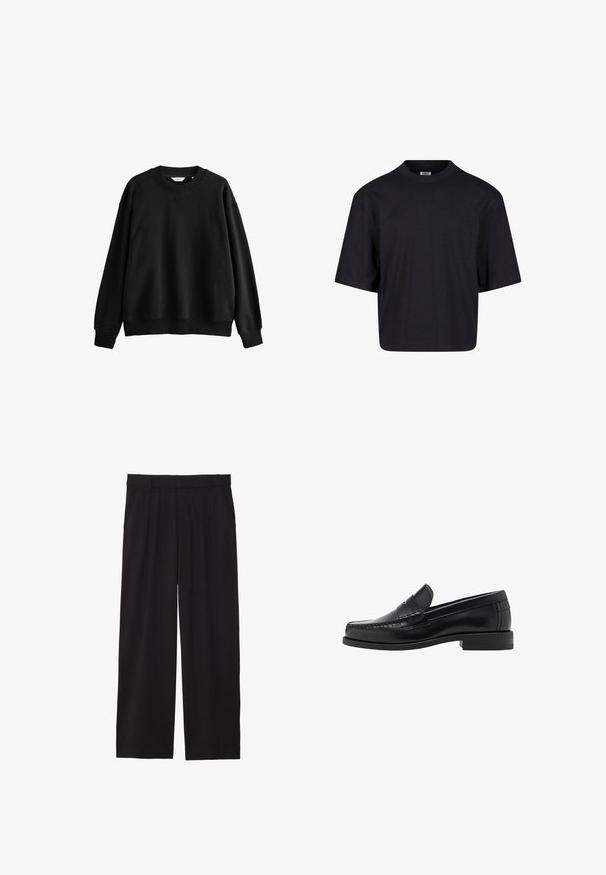 Schwarzer Sweatshirt aus Baumwollmischung, mit rundem Ausschnitt, überschnittenen Schultern, gerippten Bündchen und einem lässigen, kastigen Schnitt.; Schwarzes Baumwoll-T-Shirt mit Rundhalsausschnitt, kurzen Ärmeln und oversized Passform. Glatte Textur und minimalistisches Design. Keine sichtbaren Logos.; Schwarze, weite Hose mit gefälteltem Vorderteil, seitlichen Taschen und einer glatten Stoffstruktur. Entworfen für eine entspannte Passform.; Schwarze Lederloafer mit glatter Oberfläche, genähten Details an der Zehe und einem flachen Absatzdesign für Komfort und Stil.