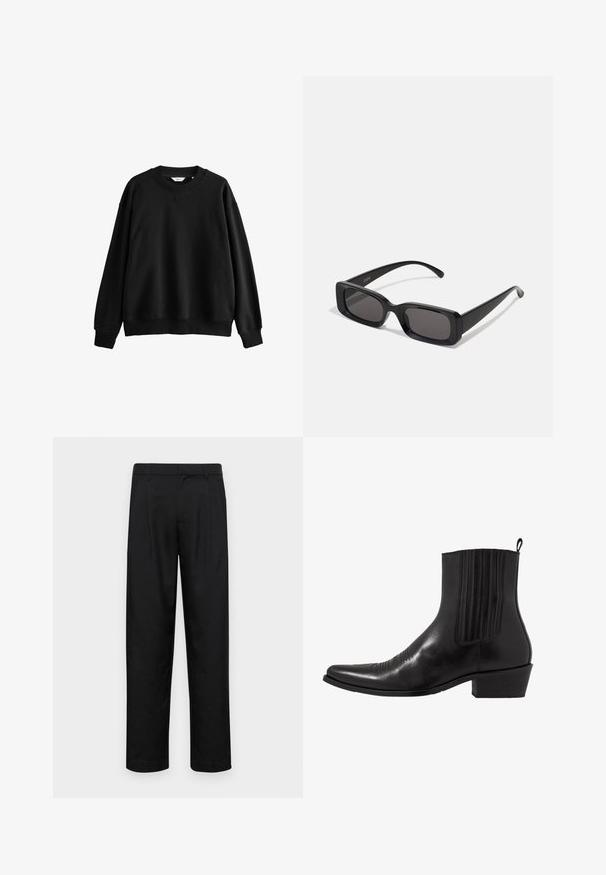 Felpa nera realizzata in misto cotone, con collo tondo, spalle abbassate, polsini a costine e una vestibilità rilassata e ampia.; T-shirt in cotone nero con scollatura rotonda, maniche corte e vestibilità oversize. Texture liscia e design minimalista. Nessun logo visibile.; Pantaloni neri realizzati in tessuto liscio, caratterizzati da un taglio dritto, due pieghe frontali e una vita standard con passanti per la cintura.; Stivale alla caviglia in pelle nera con punta affusolata, pannelli laterali elasticizzati, accenti di cuciture verticali e tacco a blocco basso.; Occhiali da sole neri rettangolari con lenti scure, finitura lucida, aste larghe e design della montatura spessa. Nome del marchio inciso su un'asta.