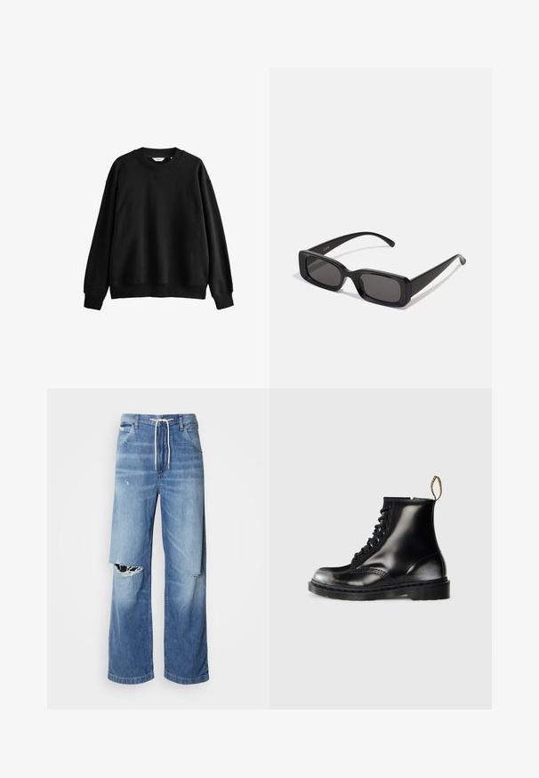 Melns krekls ar apaļu kaklu, izgatavots no kokvilnas maisījuma, ar nolaistām plecu šuvēm, ribotām piedurknēm un brīvu, kvadrātveida piegriezumu.; Melna kokvilnas t-kreklu ar apaļu kakla izgriezumu, īsām piedurknēm un pārmērīgu piegriezumu. Gluda tekstūra un minimālisma dizains. Nav redzamu logotipu.; Gai zils džinsu bikses ar brīvu piegriezumu, ar baltu auklu viduklī un izteiktām plīsumiem priekšā, parādot saplēstas malas.; Melnas ādas potītes zābaki ar spīdīgu apdari, astoņām acīm, melnām šņorcēm un cilpu aizvilkšanai. Izceļas ar rūpīgi struktūrētu zoli.; Melnas taisnstūrveida saulesbrilles ar tumšiem stikliem, spīdīga apdare, platas kājas un masīvs rāmja dizains. Uz vienas kājas ir iegravēts zīmola nosaukums.