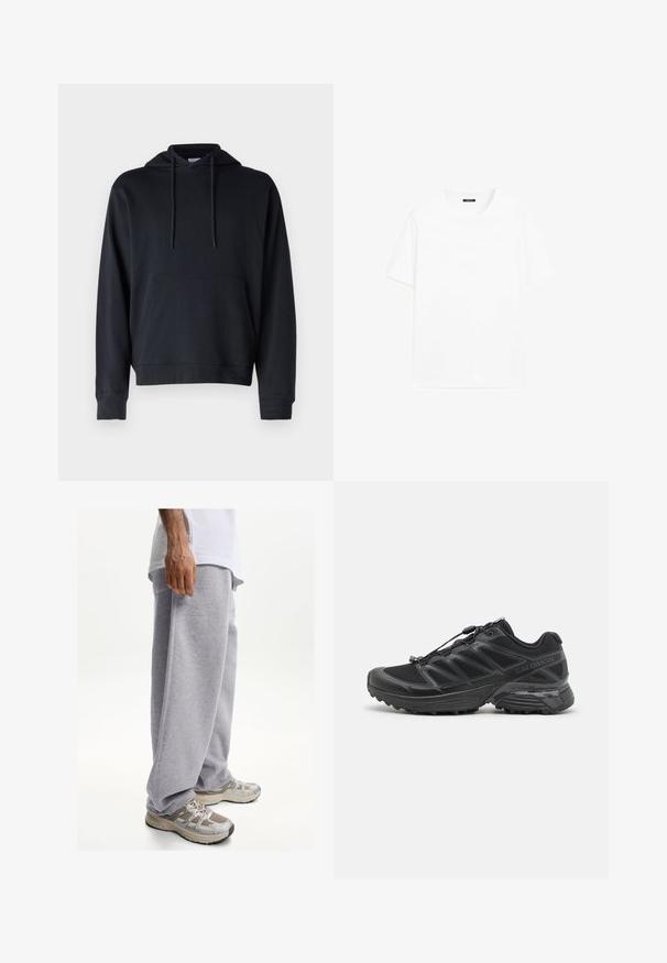 Zwarte hoodie van een katoenmix, met een buidelzak, verstelbare koordjes en ribgebreide manchetten en zoom. Eenvoudig ontwerp.; Witte katoenen t-shirt met korte mouwen, ronde halslijn en recht gesneden. Gladde textuur zonder zichtbare patronen of accenten.; Grijze sweatpants van zachte stof, met een losse pasvorm en een elastische tailleband. Gecombineerd met beige en grijze sportschoenen.; Zwarte hardloopschoenen met een bovenwerk van mesh en synthetisch materiaal, een flexibele buitenzool en elastische veters. Heeft een gevoerde tussenzool voor comfort.