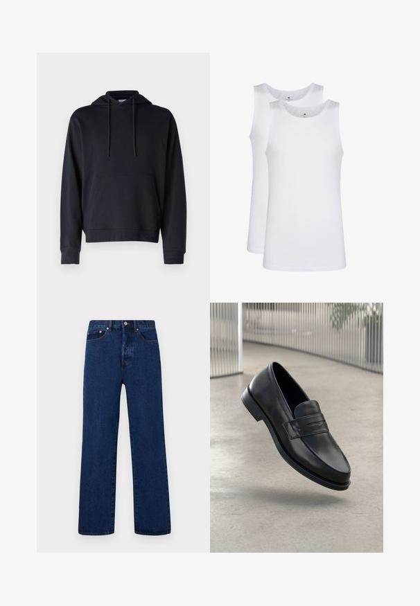 Hoodie nero realizzato in tessuto misto cotone, caratterizzato da una tasca a marsupio, cordini regolabili e polsini e orlo a costine. Design semplice.; Top in cotone bianco, design senza maniche, collo rotondo, texture liscia, realizzato in un tessuto morbido e leggero. Due pezzi esposti.; Jeans in denim blu scuro con taglio dritto, dotati di cuciture arancioni, patta con bottoni e due tasche frontali con rivetti a contrasto.; Mocassino in pelle nera con texture liscia, punta appuntita e una fascia decorativa sul collo del piede. Suola leggera, design minimale.