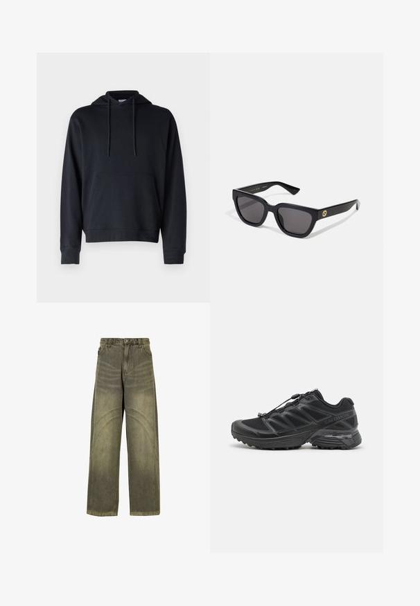 Crna dukserica od mješavine pamuka, s kengurskim džepom, podesivim vezicama i rebrastim manžetama i rubom. Jednostavan dizajn.; Široke traperice u maslinasto zelenoj boji, s naglašenim zavojnim šavovima, klasičnim kopčanjem na dugme i izblijedjelim završetkom.; Crne trkačke cipele s mrežastim i sintetičkim gornjim dijelom, fleksibilnom potplatom i elastičnim vezicama. Imaju podstavljeni srednji potplat za udobnost.; Crne pravokutne sunčane naočale s sjajnom površinom, tamnim staklima i zlatnim detaljem na sljepočnicama na kojem se nalazi logo.