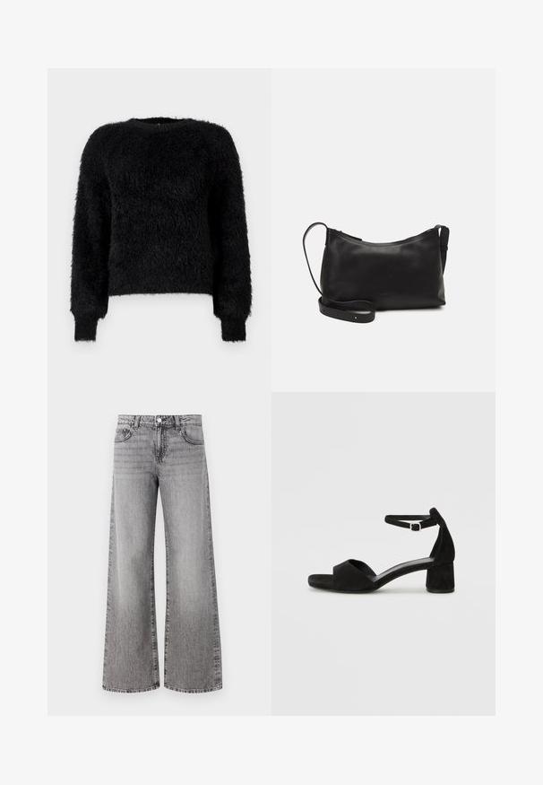 Pull noir en maille douce à manches longues avec col rond et poignets côtelés sur fond blanc uni.; Jean large en denim gris avec une finition délavée. Comprend des poches classiques et un bouton de fermeture à la taille.; Sandales à talons en daim noir avec une fine lanière à la cheville, design à bout ouvert et un talon carré modeste. Texture lisse et accents minimalistes.; Sac à épaule en cuir noir avec une texture lisse, une forme courbée, une bandoulière ajustable et une fermeture éclair. Design minimaliste sans embellissements.