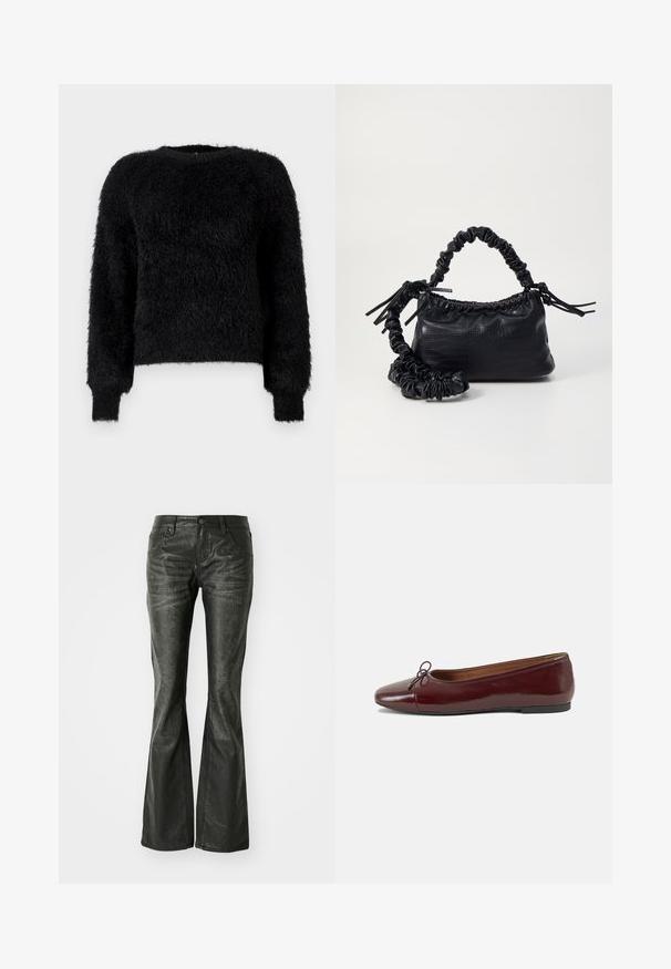 Black fuzzy long-sleeve crew neck sweater with a soft textured fabric and ribbed cuffs against a plain white background.; Black faux leather flared jeans with front pockets, a metal button closure, and a slightly textured surface. Straight leg with a long cut.; Burgundy patent leather ballet flat with a rounded toe, small bow accent at the front, and a low, black rubber sole. Smooth texture.; Black faux leather handbag with a crocodile texture, cinched top, and a scrunched strap. Appears soft and compact in design.