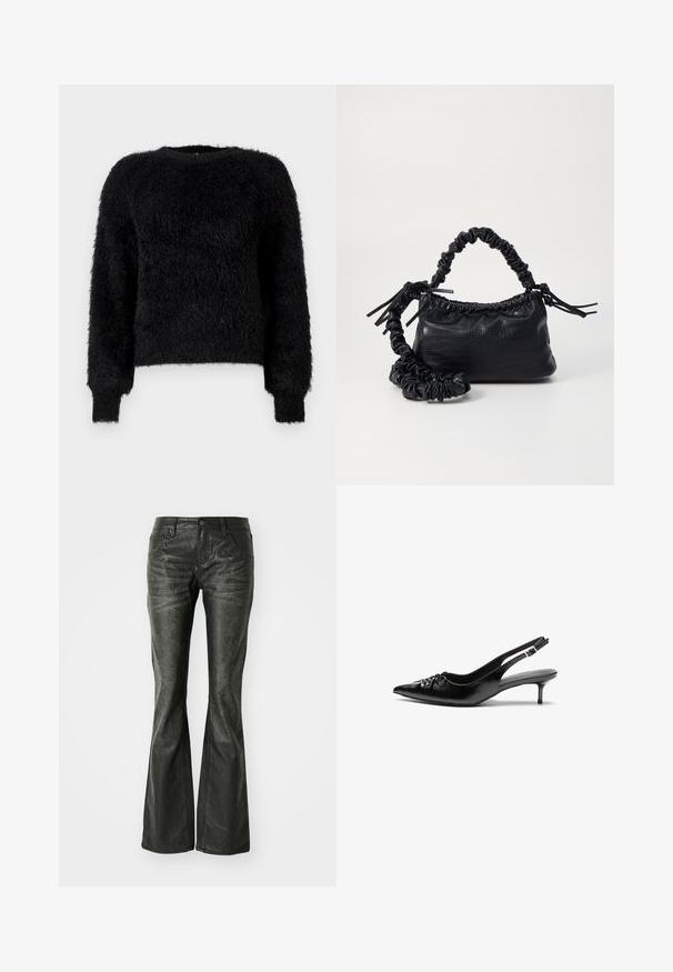 Pull noir en maille douce à manches longues avec col rond et poignets côtelés sur fond blanc uni.; Jean flare en simili cuir noir avec poches avant, fermeture à bouton métallique et surface légèrement texturée. Jambe droite avec une coupe longue.; Escarpins slingback en cuir noir avec bout pointu, petit talon kitten et détail froncé sur le cou-de-pied. Texture lisse et design minimaliste.; Sac à main en simili cuir noir avec une texture crocodile, un dessus resserré et une sangle froncée. A l'apparence douce et compacte.