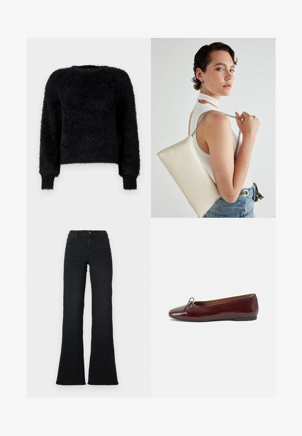 Črn puhast pulover z dolgimi rokavi in okroglim izrezom, izdelan iz mehkega teksturiranega blaga, z rebrastimi manšetami na enobarvni beli podlagi.; Črne visokotopne razširjene jeans hlače z sprednjimi žepi, obroči za pas in z gumbom na belem ozadju.; Burgundska patenti usnjeni baletni čevlji z zaobljenim prstom, majhnim lokom na sprednji strani in nizkim črnim gumijastim podplatom. Gladka tekstura.; Bela pravokotna torbica za ključe iz sijajnega materiala, opremljena s srebrno verižico. Model pozira in prikazuje torbico na enobarvni podlagi.