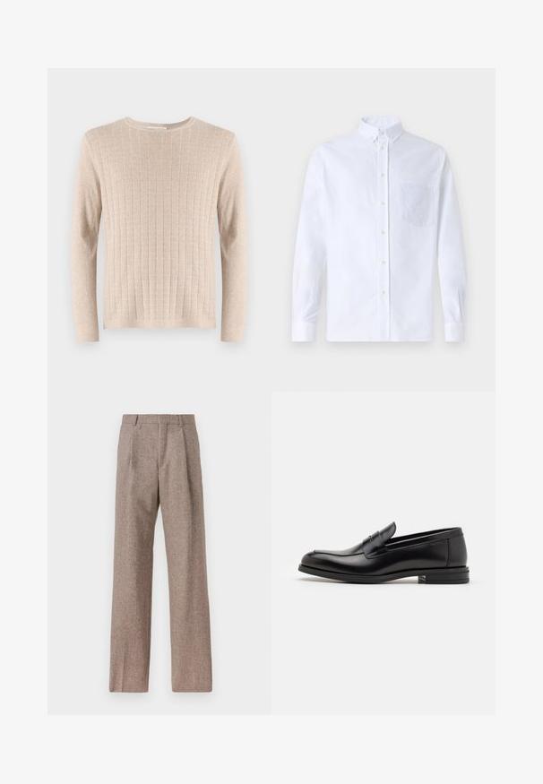 Beige Langarmpullover mit geripptem Muster und Rundhalsausschnitt. Der Stoff wirkt weich und leicht und hat vertikale Linien.; Weißes Langarm-Hemd mit Knöpfen aus Baumwolle, ausgestattet mit einer Brusttasche mit tonalem Stickerei, einem Kragen und Knopfmanschetten.; Braune, hochtaillierte Hose aus strukturiertem Stoff. Mit weitem Bein und zwei vorderen Bügelfalten für zusätzliche Form. Saubere Verarbeitung ohne sichtbare Hardware.; Schwarze Lederloafers mit glatter Textur, rundem Zehenbereich und einem dekorativen Riemen über dem Vorderfuß. Niedriger, gestapelter Absatz, minimalistisches Design.