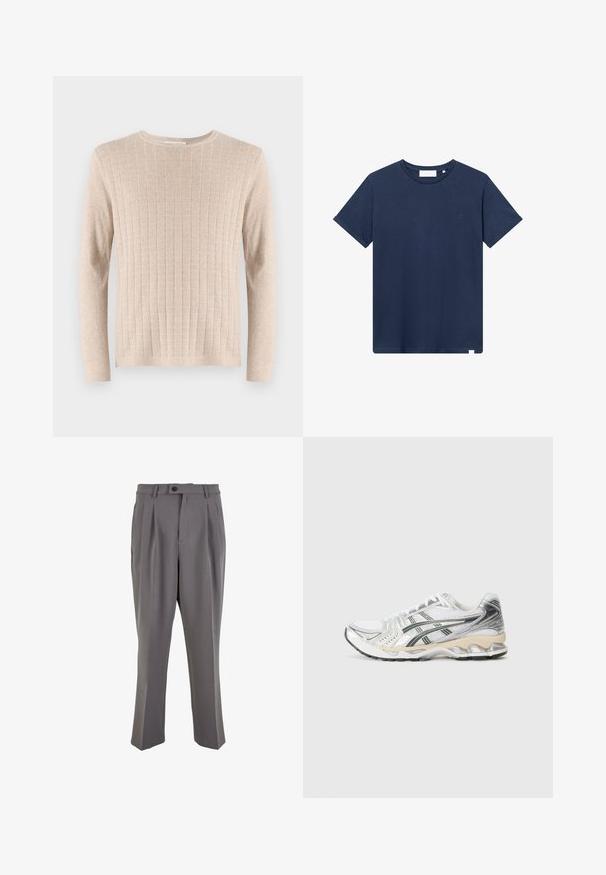 Bežový sveter s dlhým rukávom, ribovanou textúrou a okrúhlym výstrihom. Tkanina vyzerá mäkko a ľahko, s vertikálnymi pruhmi po celom povrchu.; Tummansininen puuvillapaita, jossa on pyöreä pääntie, lyhyet hihat ja pieni brodeerattu logo vasemmassa rinnassa. Sujuva pinta.; Harmaat pleated-housut, jotka on valmistettu sileästä kankaasta, suoran leikkauksen omaavat, yksittäisellä napilla suljettavat ja vyölenkeillä varustetut. Minimalistinen muotoilu.; Valkoinen urheilukenkä, jossa on hopeisia ja mustia yksityiskohtia, verkkokangasyläosa, teksturoitu muotoilu, pehmeä pohja ja joustava kulutuspinta.