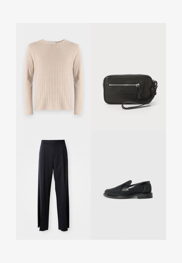 Beež pikka varrukaga sviiter ribakudumisega ning ümmarguse kaelusega. Kangas näeb välja pehme ja kerge, sisaldades kogu ulatuses vertikaalseid jooni.; Mustad, kõrge vöökohtaga püksid laia säärte lõikega, valmistatud siledast kangast. Omab ees plekke ja vöörihmade jaoks silmuseid. Minimalistlik disain, nähtavat riistvara pole.; Must musta kootud slip-on king, millel on pehme nahast accent ülaserval, ümmargune varvas ja madal profiiliga kummitald.; Must musta nahk-käekott tekstureeritud pinnaga, ees suure tõmblukuga tasku ja eemaldatav randmepael. Esiküljel on logo-patch. Ristkülikukujuline.