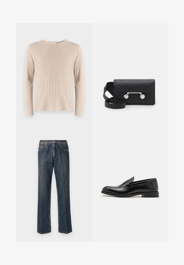 Beige trui met lange mouwen, gemaakt van ribbelstof en met een ronde hals. De stof lijkt zacht en licht van gewicht, met verticale lijnen overal.; Donkerblauwe rechte spijkerbroek met een knoopsluiting aan de voorkant, rits, dubbele voorzakken en zichtbare verticale plooien langs de benen.; Zwarte leren instappers met een gladde textuur, ronde neus en een decoratieve band over de wreef. Lage, gestapelde hak en minimalistisch ontwerp.; Zwarte leren schoudertas met een klep, zilverkleurige hardware en twee ronde accenten. Voorzien van een afneembare schouderriem. Soepele textuur.