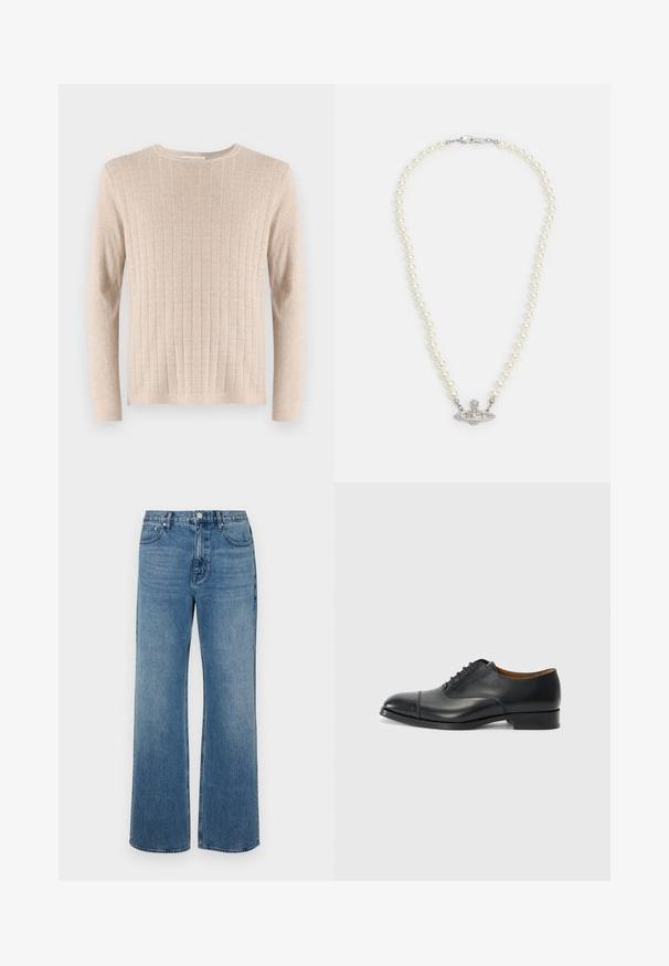Pull long à manches longues beige avec une texture côtelée et un col rond. Le tissu a l'air doux et léger, avec des lignes verticales sur toute sa surface.; Jean bleu à jambes larges en denim avec une finition délavée. Comprend cinq poches, une fermeture à bouton à l'avant et une coupe droite.; Chaussure habillée en cuir noir avec une finition lisse, bout arrondi, cinq œillets pour les lacets et un petit talon carré. Design minimaliste avec des coutures discrètes.; Collier de perles avec un fermoir en métal argenté. Composé de perles blanches rondes et d'un centre décoratif orné de strass.