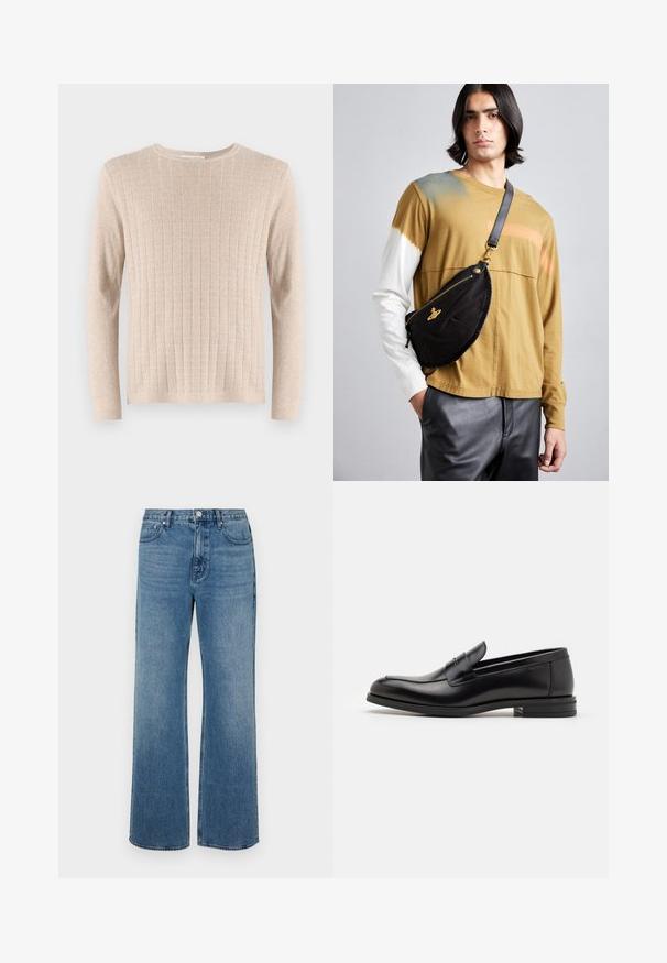 Beige Langarmpullover mit geripptem Muster und Rundhalsausschnitt. Der Stoff wirkt weich und leicht und hat vertikale Linien.; Weite blaue Jeans aus Denim mit einem verblassten Finish. Verfügt über fünf Taschen, einen Frontknopfverschluss und einen geraden Schnitt.; Schwarze Lederloafers mit glatter Textur, rundem Zehenbereich und einem dekorativen Riemen über dem Vorderfuß. Niedriger, gestapelter Absatz, minimalistisches Design.; Vivienne Westwood CITY BUMBAG UNISEX - Gürteltasche - black