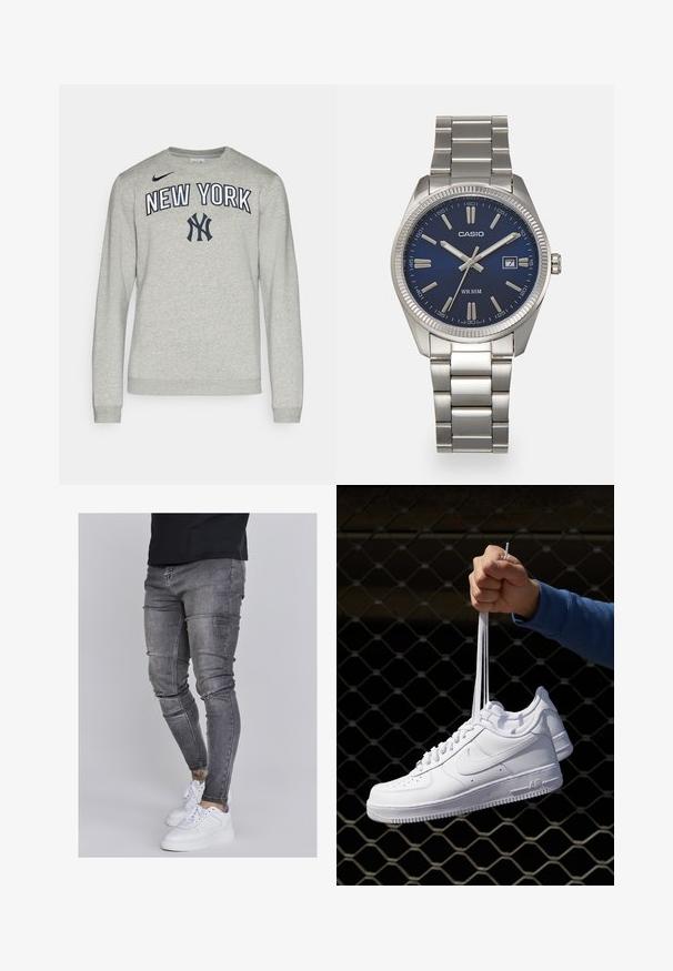 Grauer Langarm-Sweatshirt mit rundem Ausschnitt, das "NEW YORK" in navy Druck und ein navy Nike-Logo auf der linken Brust trägt.; Schlanke Jeans aus ausgebleichtem grauem Denim, mit abgenutzten Details an den Knien, kombiniert mit weißen Sneakers. Glatte Textur, schlanker Schnitt.; Weiße Leder-Sneaker mit Perforationen, runder Zehenpartie, flacher Sohle und dicken Schnürsenkeln, mit sichtbar eingesticktem Swoosh-Logo und "AIR" an der Ferse.; Silberner Armbanduhr aus Edelstahl mit einem dunkelblauen Zifferblatt, metallischen Stundenmarkierungen und einem Datumsfenster bei 3 Uhr. Wasserdicht bis 50 Meter.
