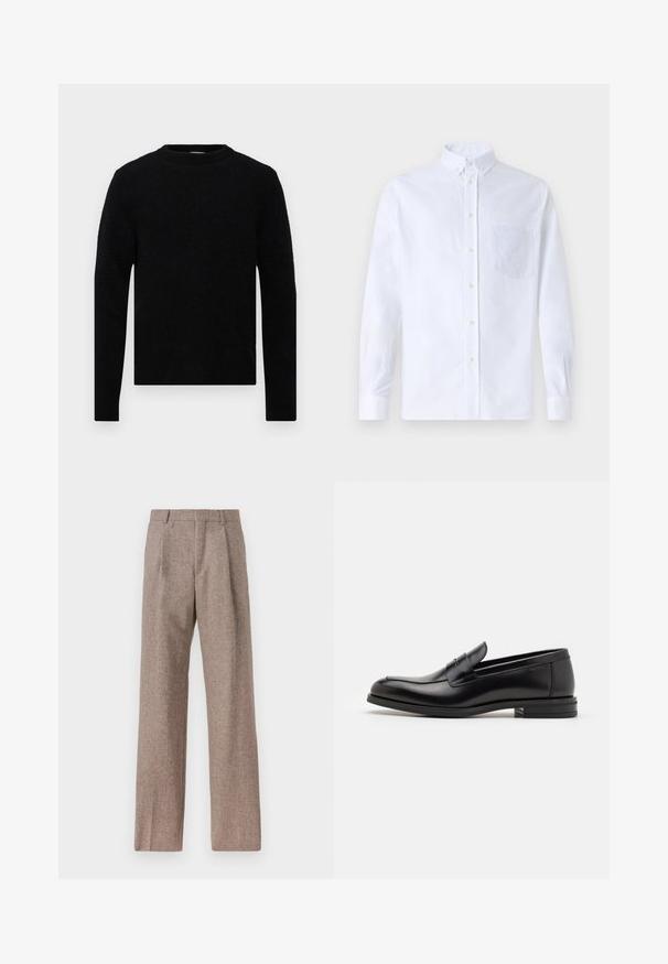 Filippa K SWEATER - Pulover - black; Bela dolgo rukava srajca s kragnico, izdelana iz bombaža, z žepom na prsih in toniranimi vezeninami ter gumbi na manšetah.; Rjave hlače z visokim pasom, izdelane iz teksturirane tkanine. Imajo široke noge in dve sprednji pregibi za strukturo. Urejen zaključek brez vidne strojne opreme.; Črne usnjene loafer čevlje z gladko teksturo, zaobljenim nosom in dekorativnim trakom čez zgornji del. Nizka zložena peta, minimalističen dizajn.