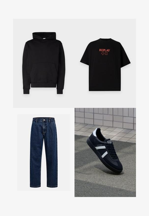 Černá mikina s kapucí vyrobená z měkké tkaniny, s klokaní kapsou, žebrovanými manžetami a kapucí se stahovací šňůrkou. Bez viditelných vzorů nebo log.; Černé bavlněné tričko s krátkým rukávem a kulatým výstřihem, s červeným logem "REPLAY" a symboly umístěnými uprostřed na hrudi.; Tmavě modré džíny s rovnými nohavicemi. Mají viditelné švy, zapínání na knoflík a přední záhyby pro zvýraznění detailu.; Černé kožené tenisky s bílými pruhy, texturovanou gumovou podrážkou a šněrováním vpředu. Obsahují značenou etiketu na jazyku.