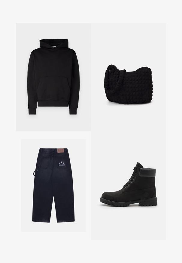 Czarna bluza z kapturem, wykonana z miękkiego materiału, z kieszenią kangurką, ściągaczami przy mankietach i kapturem ze sznurkiem. Brak widocznych wzorów lub logo.; Ciemnogranatowe spodnie dżinsowe o luźnym kroju. Posiadają dwie tylne kieszenie, skórzaną naszywkę z logo oraz wzór w pięć gwiazdek na jednej z kieszeni.; Czarne botki na kostkę z wiązaniem, z wyściełanym kołnierzem i solidną podeszwą, pokazane w profilu na białym tle.; Czarna torba z materiału o fakturowanym, pikowanym wzorze. Owalny kształt, krótkie, grube rączki oraz miękka, elastyczna struktura.